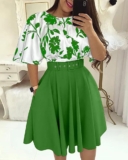 Floral Print Colorblock Flare Sleeve A-line Dress Work Dress
