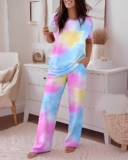 2 Pieces Outfit Ombre Print Short Sleeve Strechy Top and Casual Loose Fit Pants Pajamas Sets