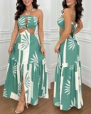 Colorblock Tropical Print Sexy Halter Waist Cutout Maxi Dress Casual Slit Criss Cross A Line Dress