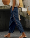Hollow Out Lace Patch Pocket Design Casual Pants
